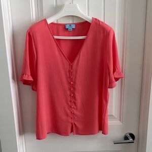 CeCe V-Neck Blouse in Vibrant Coral